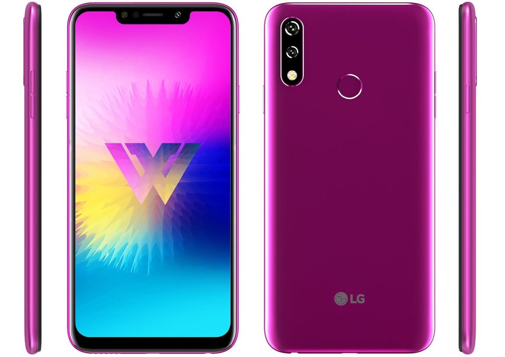 Mor renkleri LG W10 'un ön, arka ve yandan görüntüsü