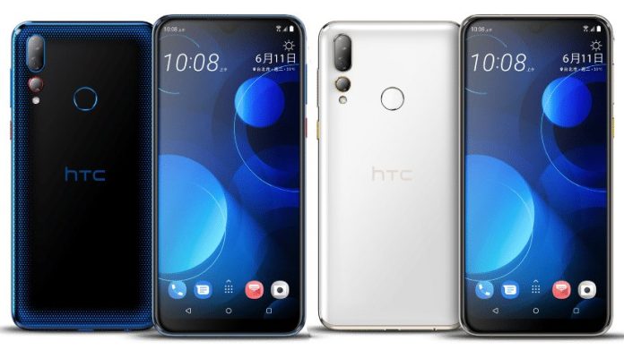 HTC Desire 19+ mavi ve siyah renklerinin birleşik ön ve arka yüzleri