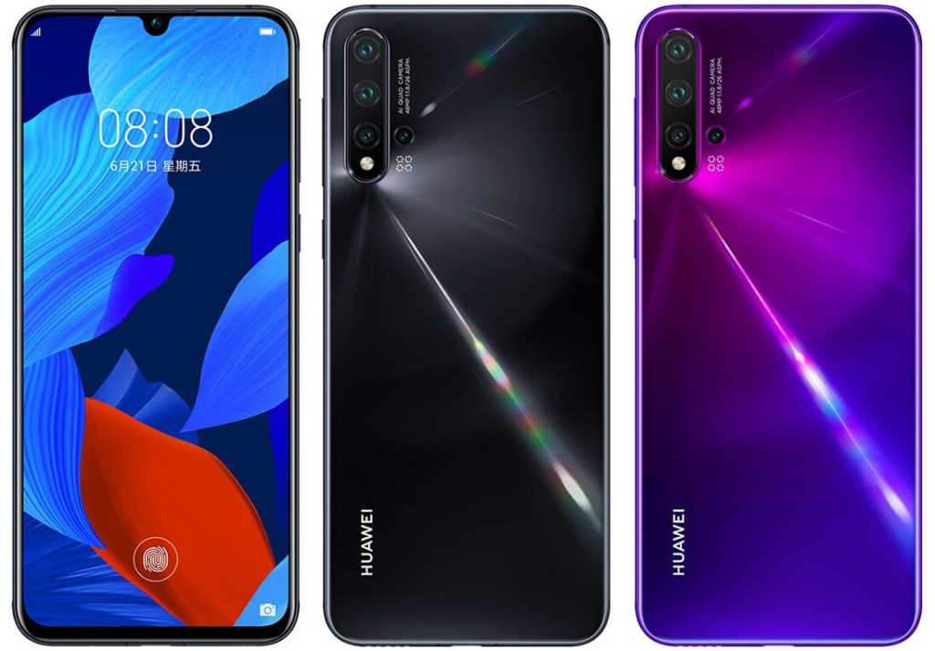 Huawei nova 5 siyah ve mor renklerinin tam ön ve arka yüzleri 