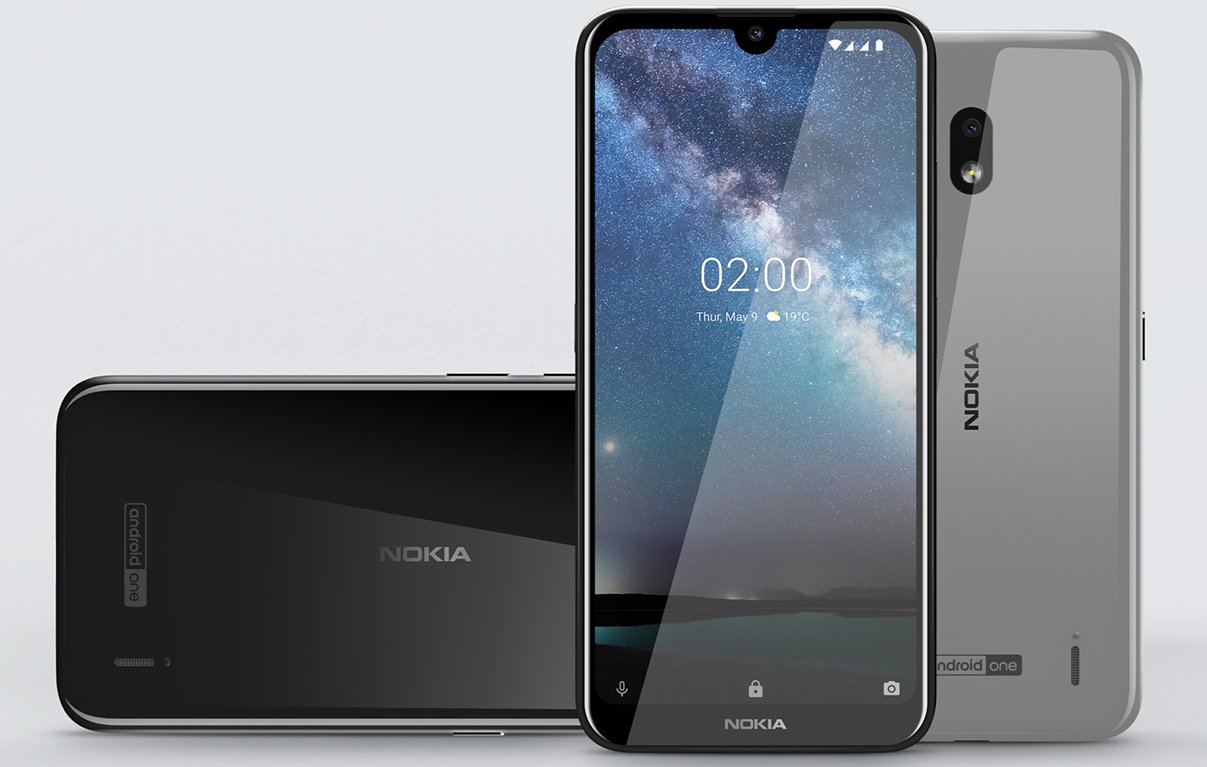 Nokia 2.2 siyah ve gri renklerin arka yüzü ve yatay hali