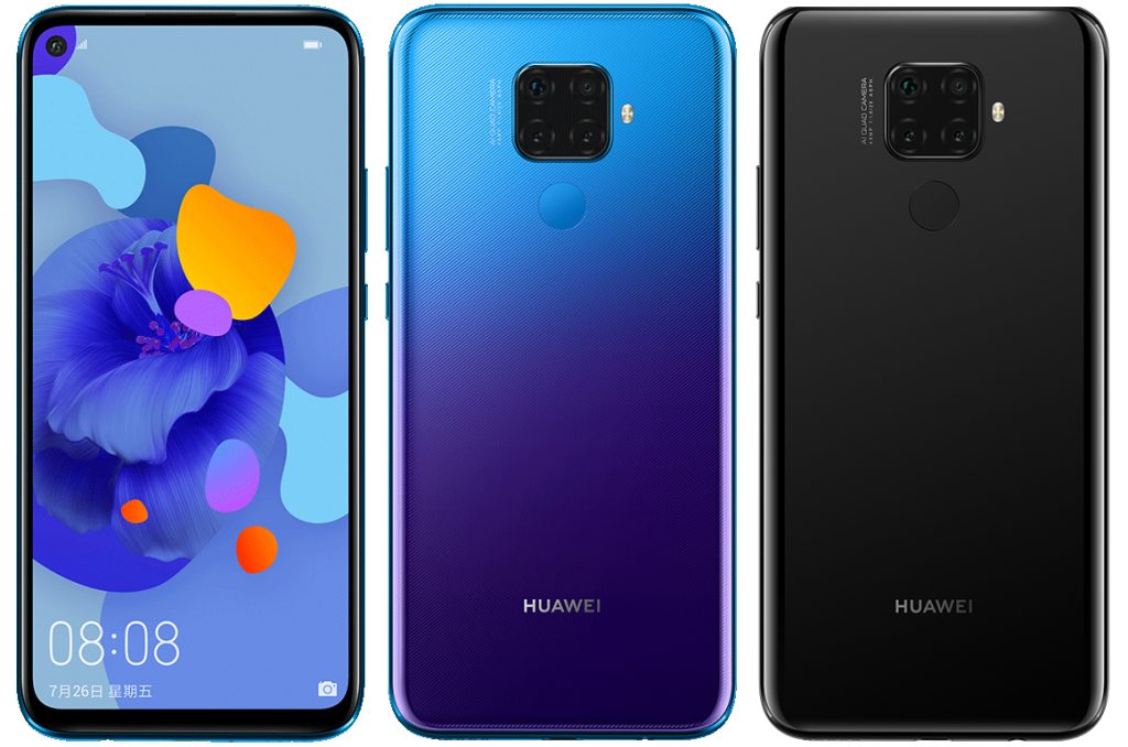 Huawei nova 5i Pro mavi ve siyah renklerinin ön ve arka görseli