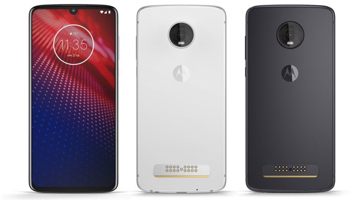 Motorola Moto Z4 siyah ve beyaz renklerinin ön ve arka görseli