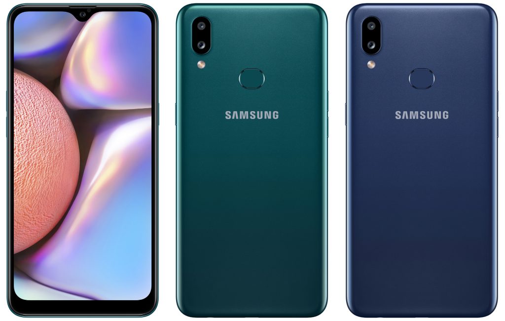 Samsung Galaxy A10s yeşil ve mavi ön ve arka yüzü